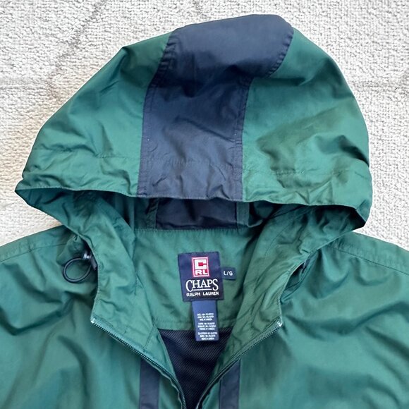 Chaps Ralph Lauren Vintage 90s Hunter Green Hooded Windbreaker Rain Anorak Sz LG - Picture 5 of 9
